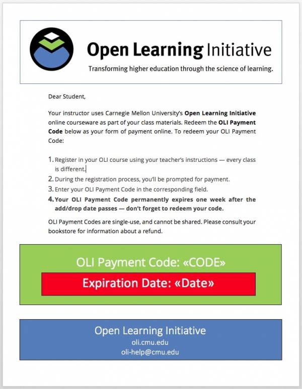 A sample OLI Payment Code document, with the code, expiration date, and redemption instructions for the student.