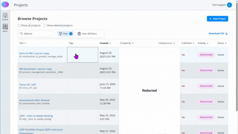 Previewing admin browsing table and tags
